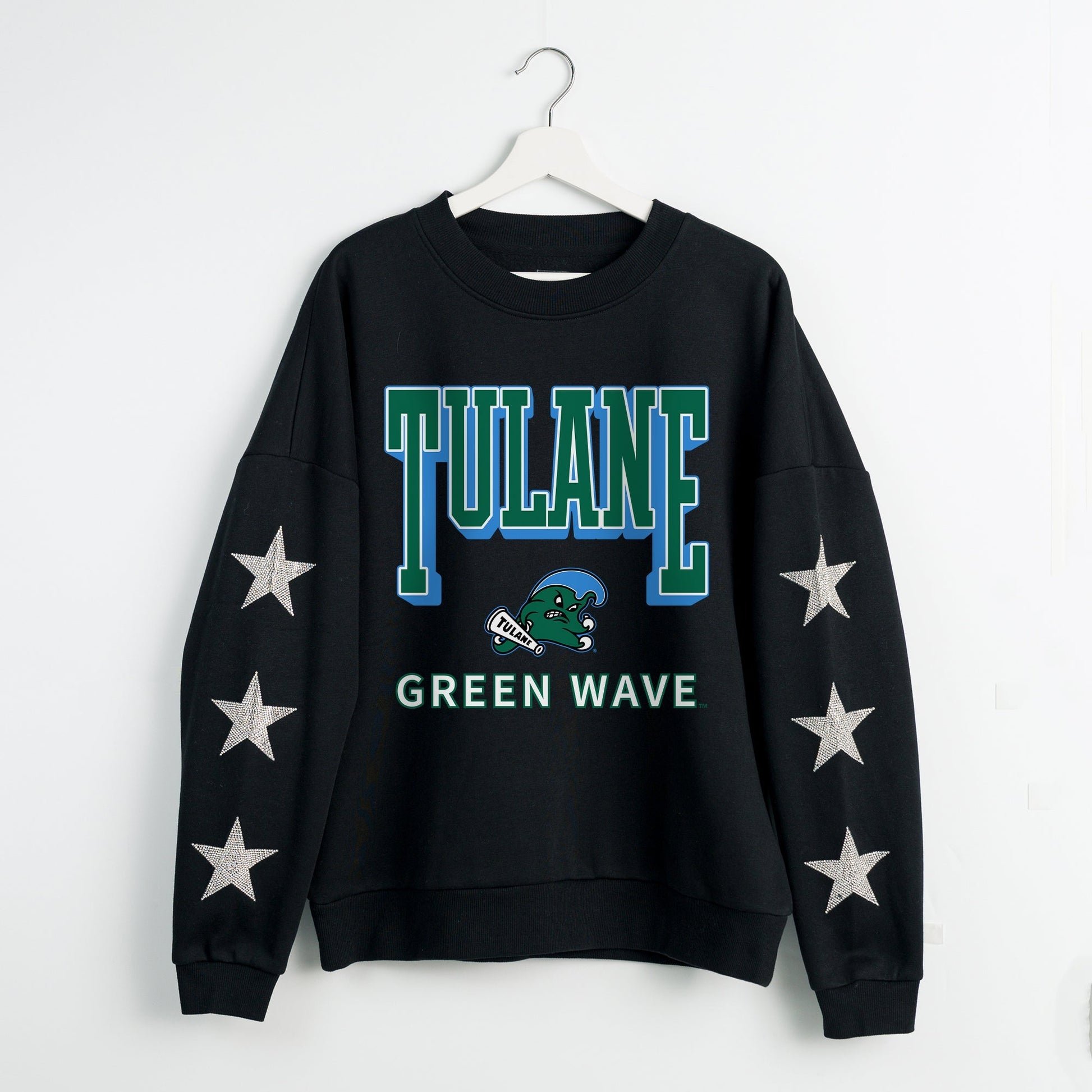 TULANE GREEN WAVE PURE VICTORY EMBELLISHED STAR SLEEVE CREWNECK PULLOVER
