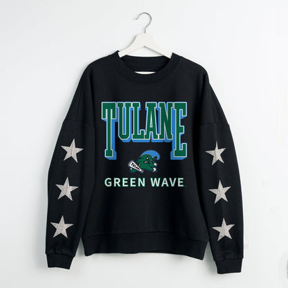 TULANE GREEN WAVE PURE VICTORY EMBELLISHED STAR SLEEVE CREWNECK PULLOVER