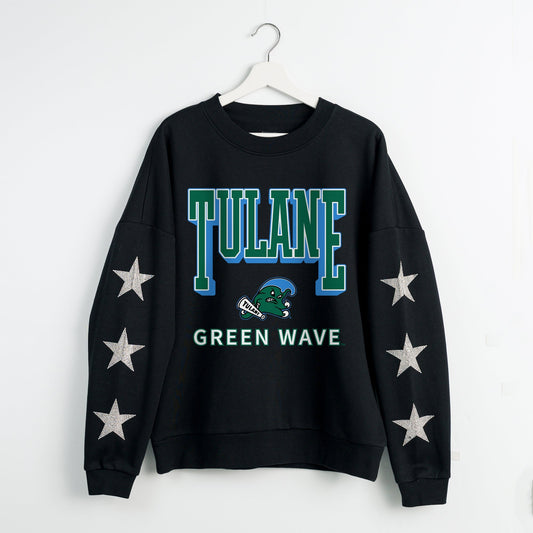 TULANE GREEN WAVE PURE VICTORY EMBELLISHED STAR SLEEVE CREWNECK PULLOVER