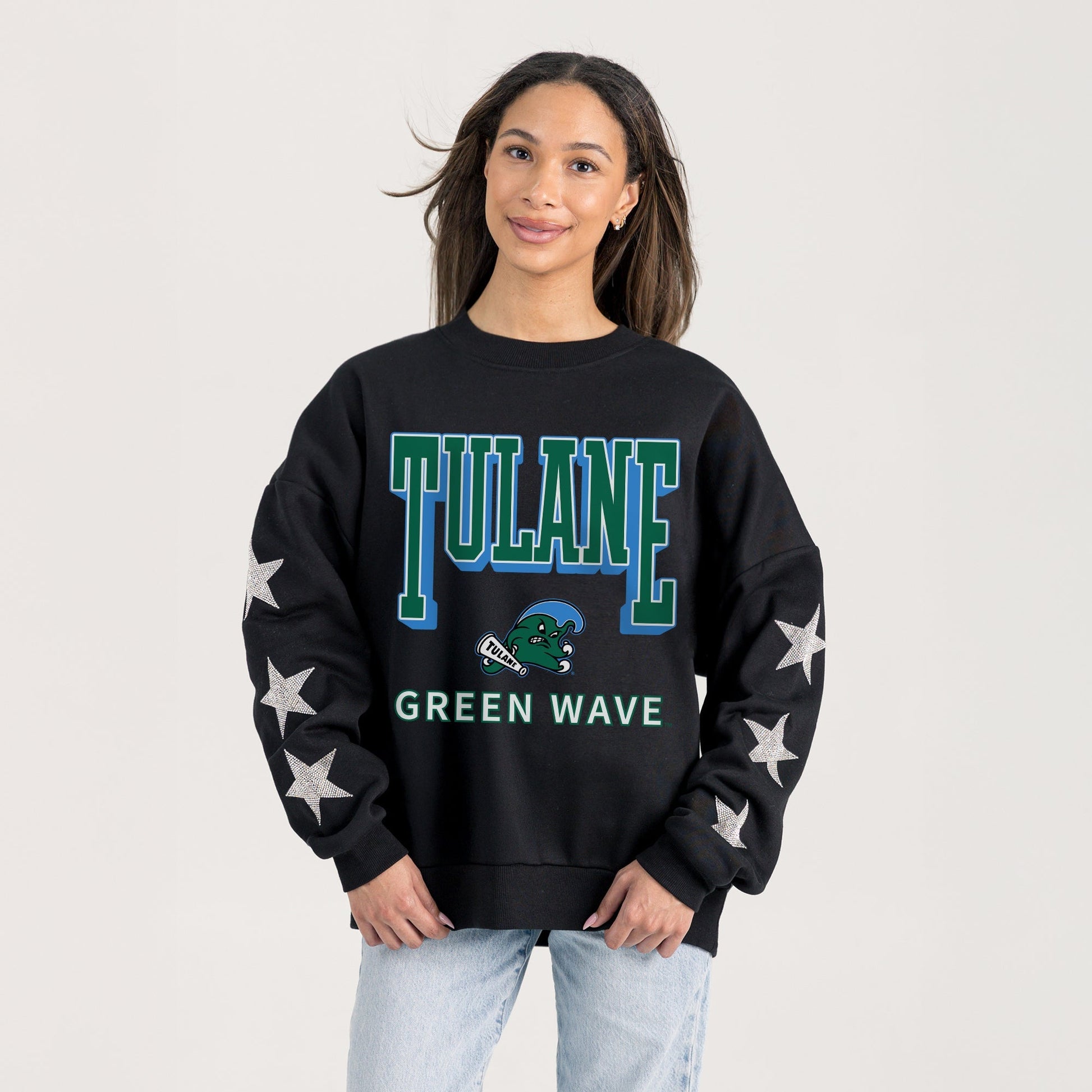 TULANE GREEN WAVE PURE VICTORY EMBELLISHED STAR SLEEVE CREWNECK PULLOVER
