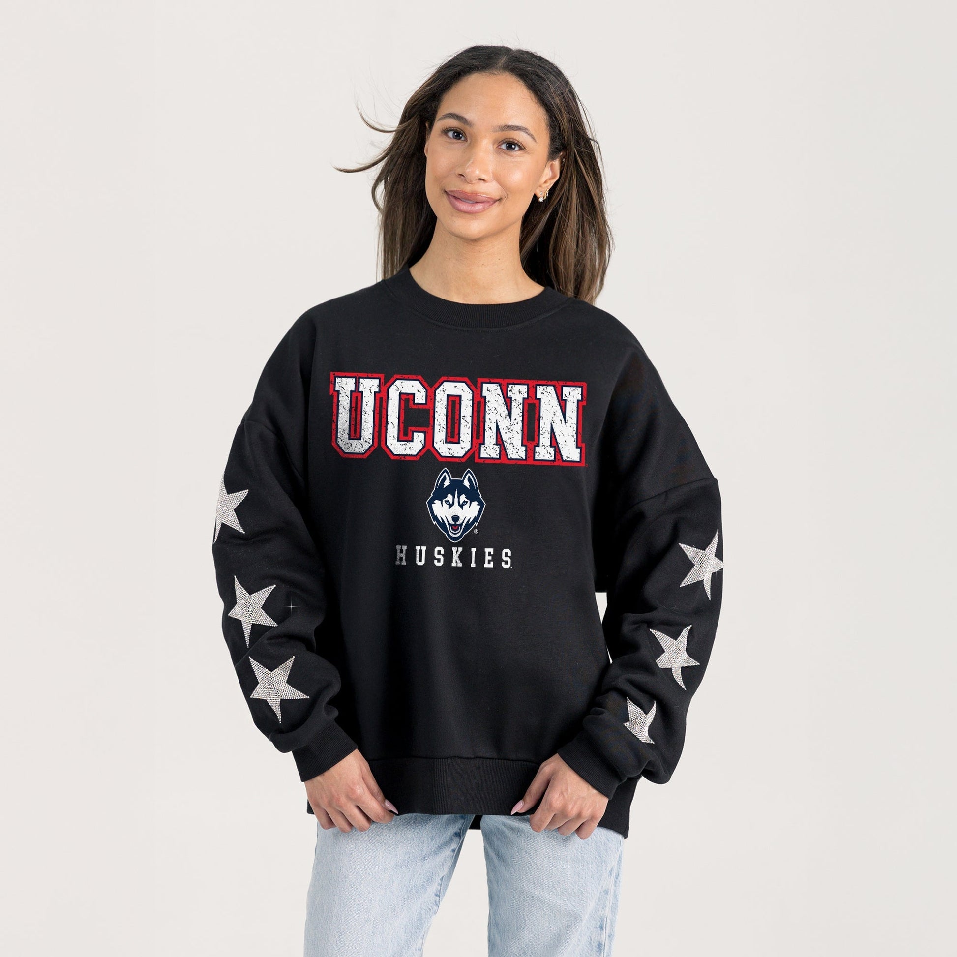 UCONN HUSKIES VELOCITY STAR EMBELLISHED CREW SWEATSHIRT