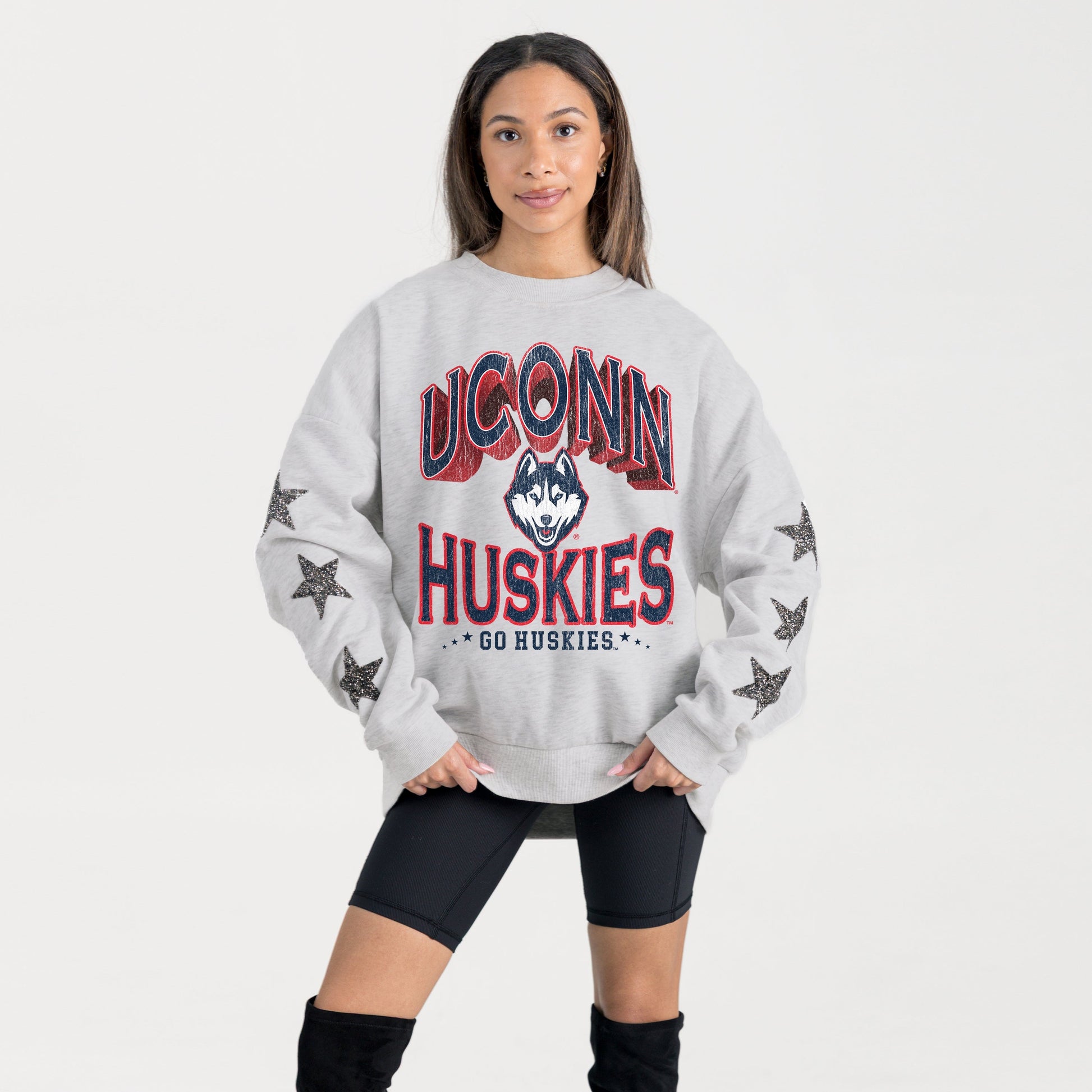 UCONN HUSKIES RESILIENCE STAR EMBELLISHED CREW SWEATSHIRT