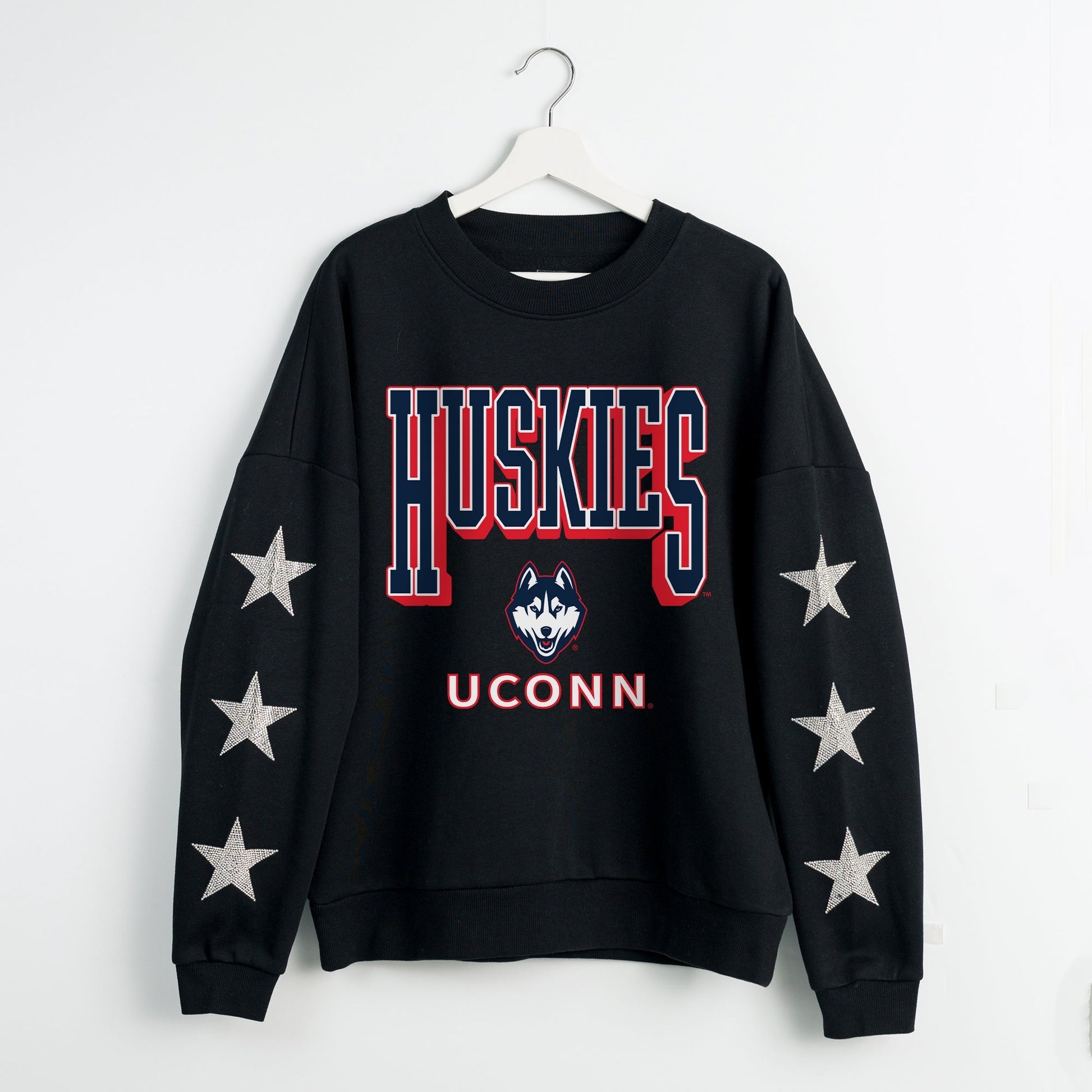 UCONN HUSKIES PURE VICTORY EMBELLISHED STAR SLEEVE CREWNECK PULLOVER