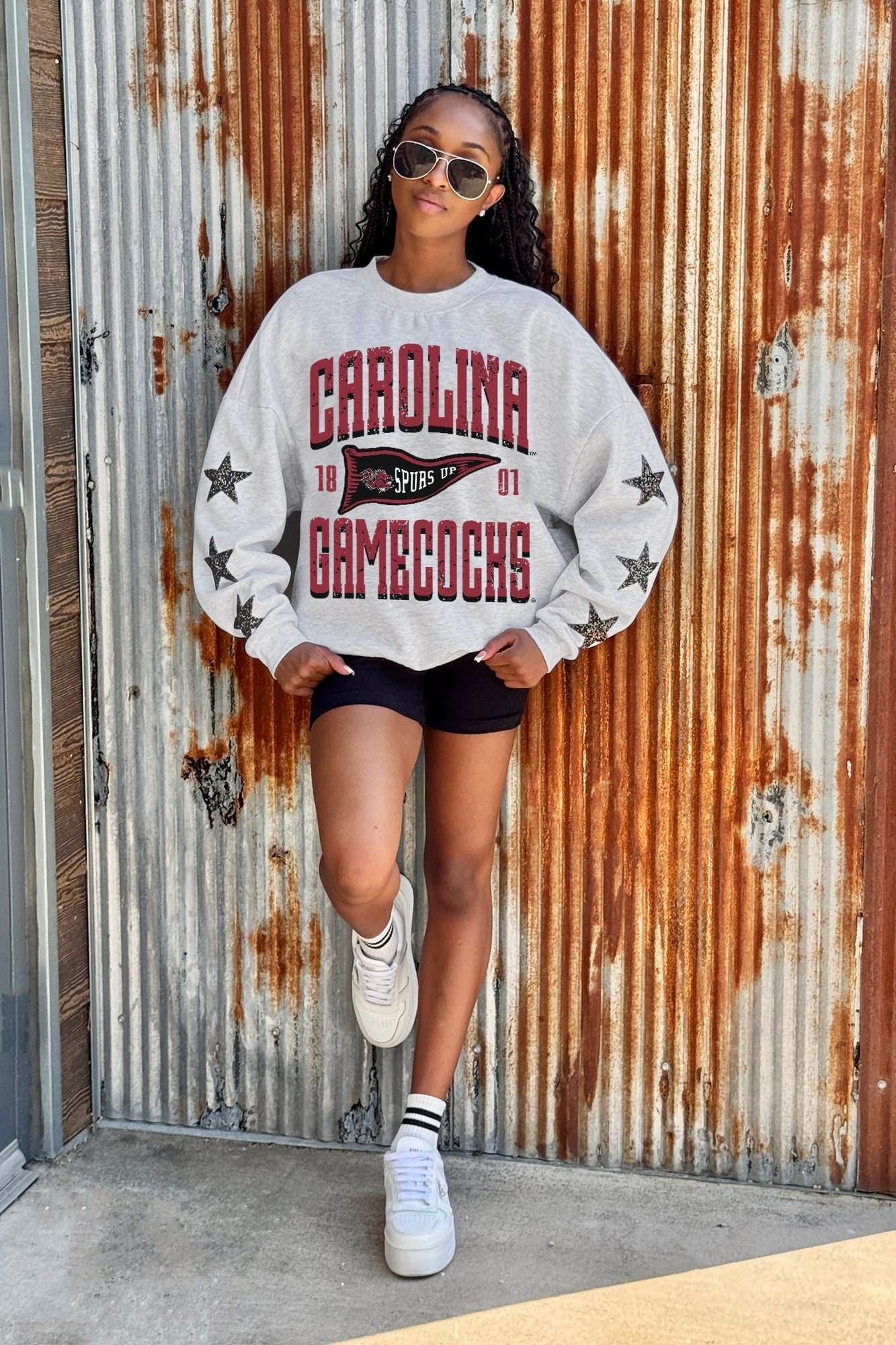 SOUTH CAROLINA GAMECOCKS PENNANT PRIDE EMBELLISHED STAR SLEEVE CREWNECK PULLOVER