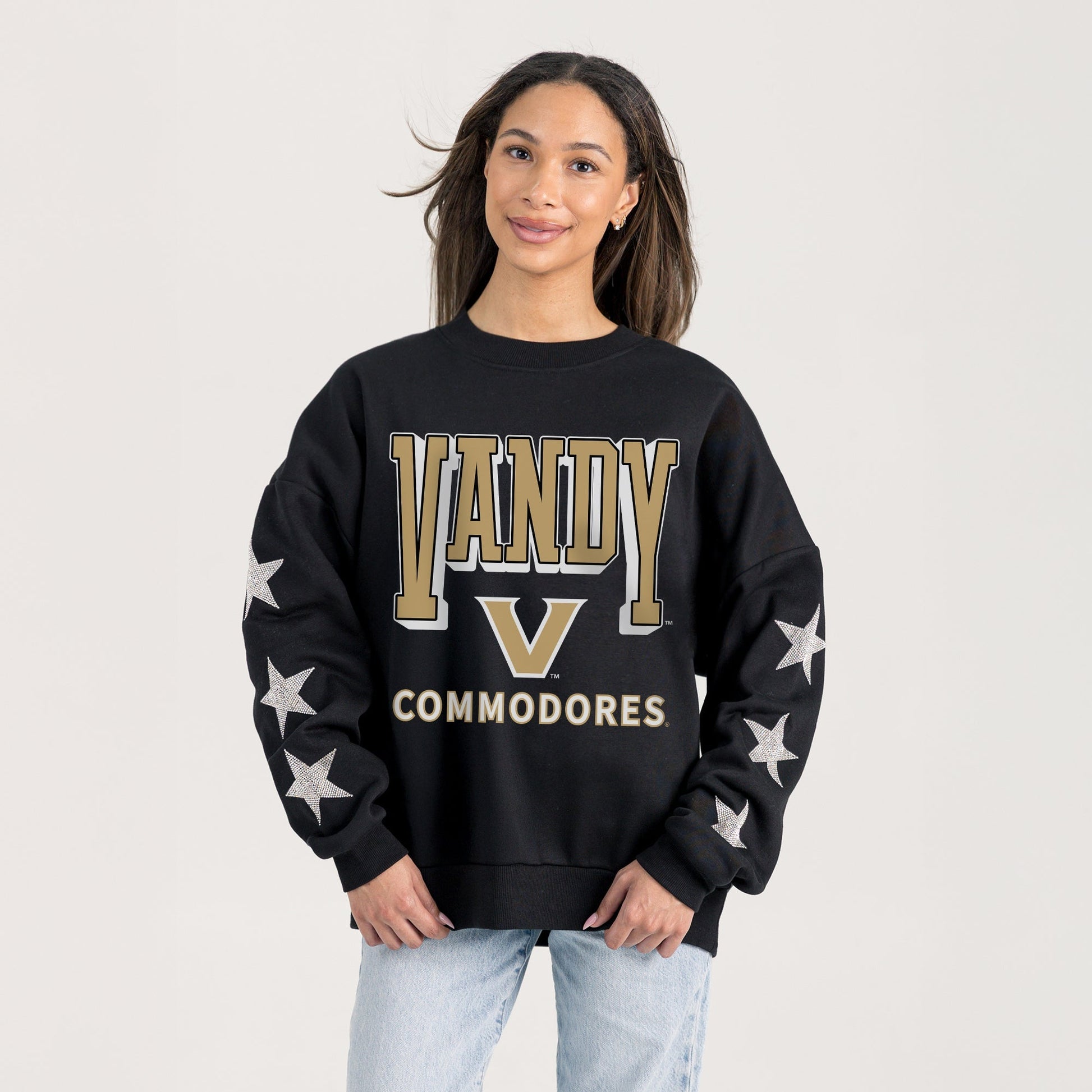 VANDERBILT COMMODORES PURE VICTORY EMBELLISHED STAR SLEEVE CREWNECK PULLOVER