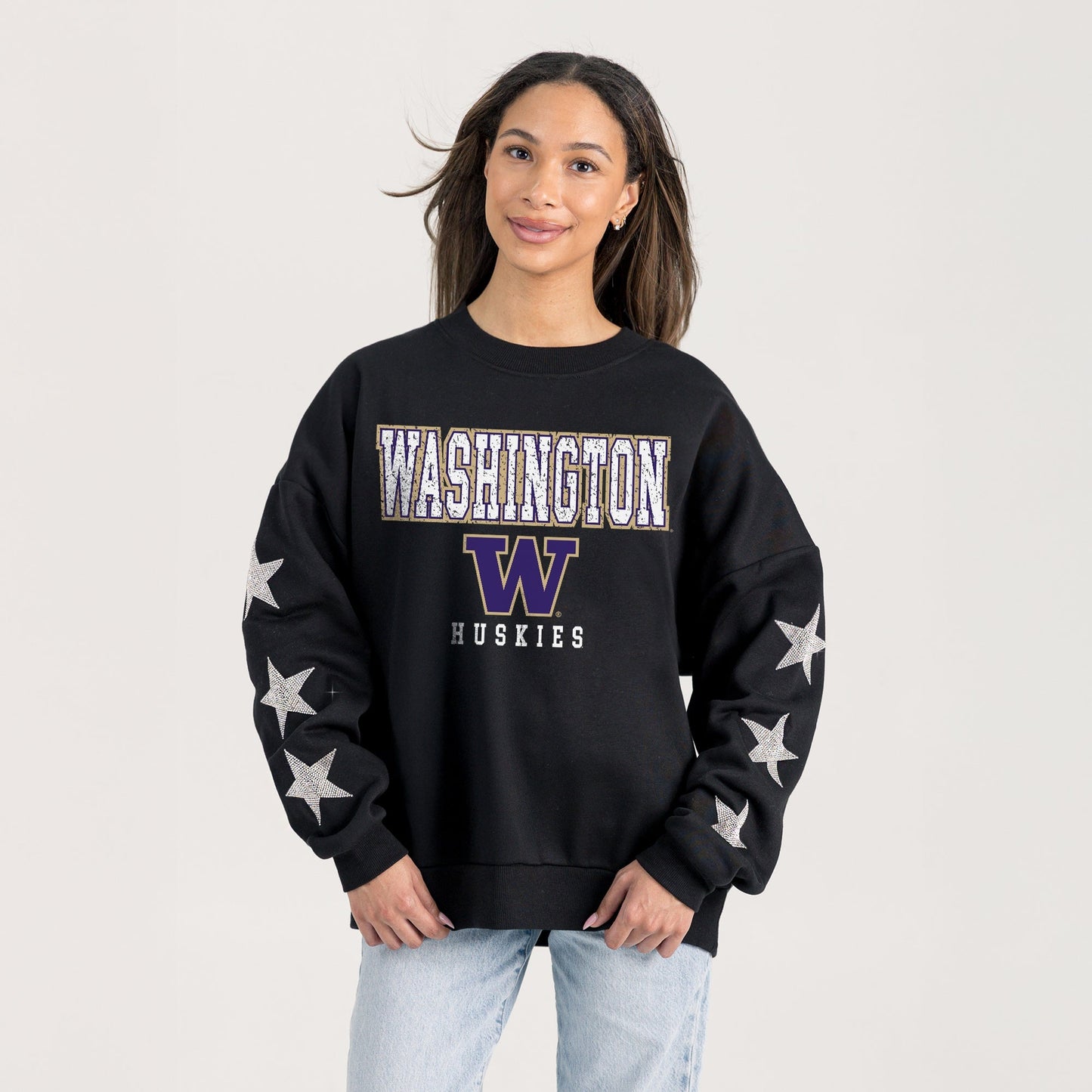 WASHINGTON HUSKIES VELOCITY STAR EMBELLISHED CREW SWEATSHIRT