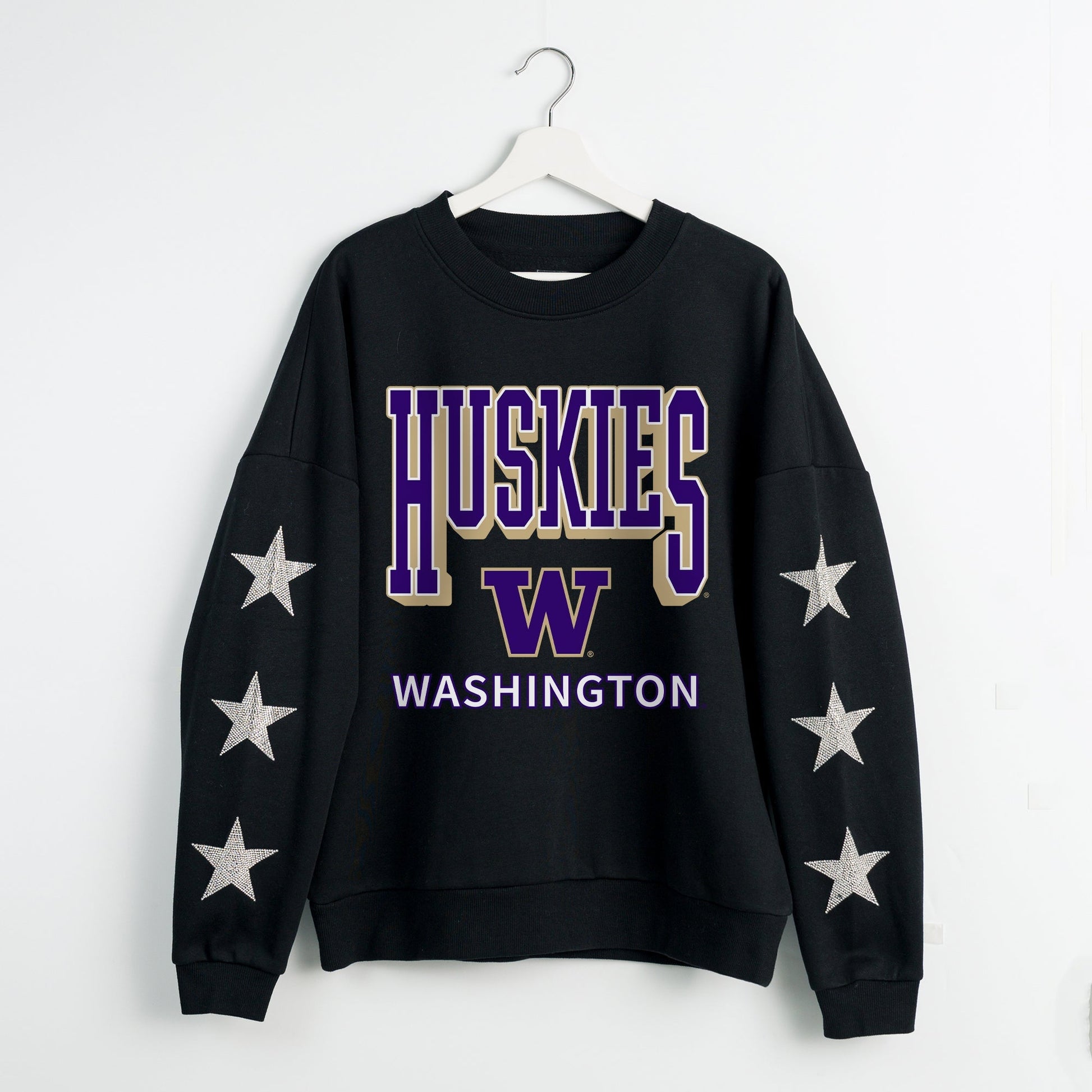 WASHINGTON HUSKIES PURE VICTORY EMBELLISHED STAR SLEEVE CREWNECK PULLOVER