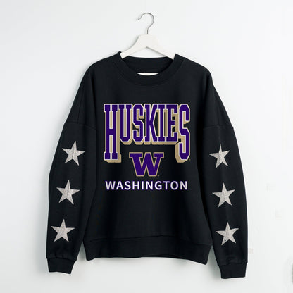 WASHINGTON HUSKIES PURE VICTORY EMBELLISHED STAR SLEEVE CREWNECK PULLOVER