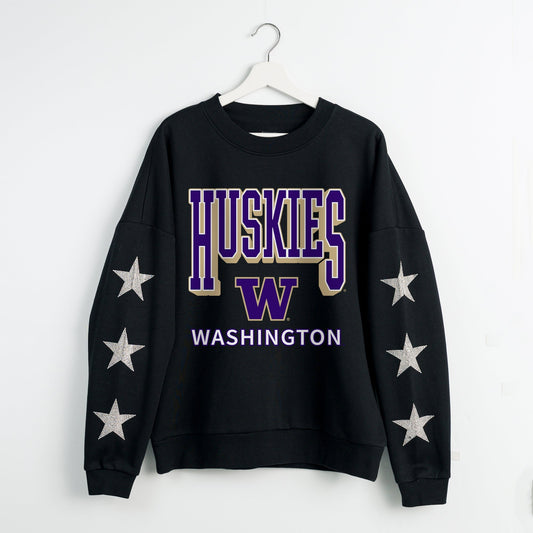 WASHINGTON HUSKIES PURE VICTORY EMBELLISHED STAR SLEEVE CREWNECK PULLOVER