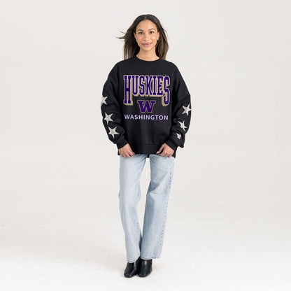 WASHINGTON HUSKIES PURE VICTORY EMBELLISHED STAR SLEEVE CREWNECK PULLOVER
