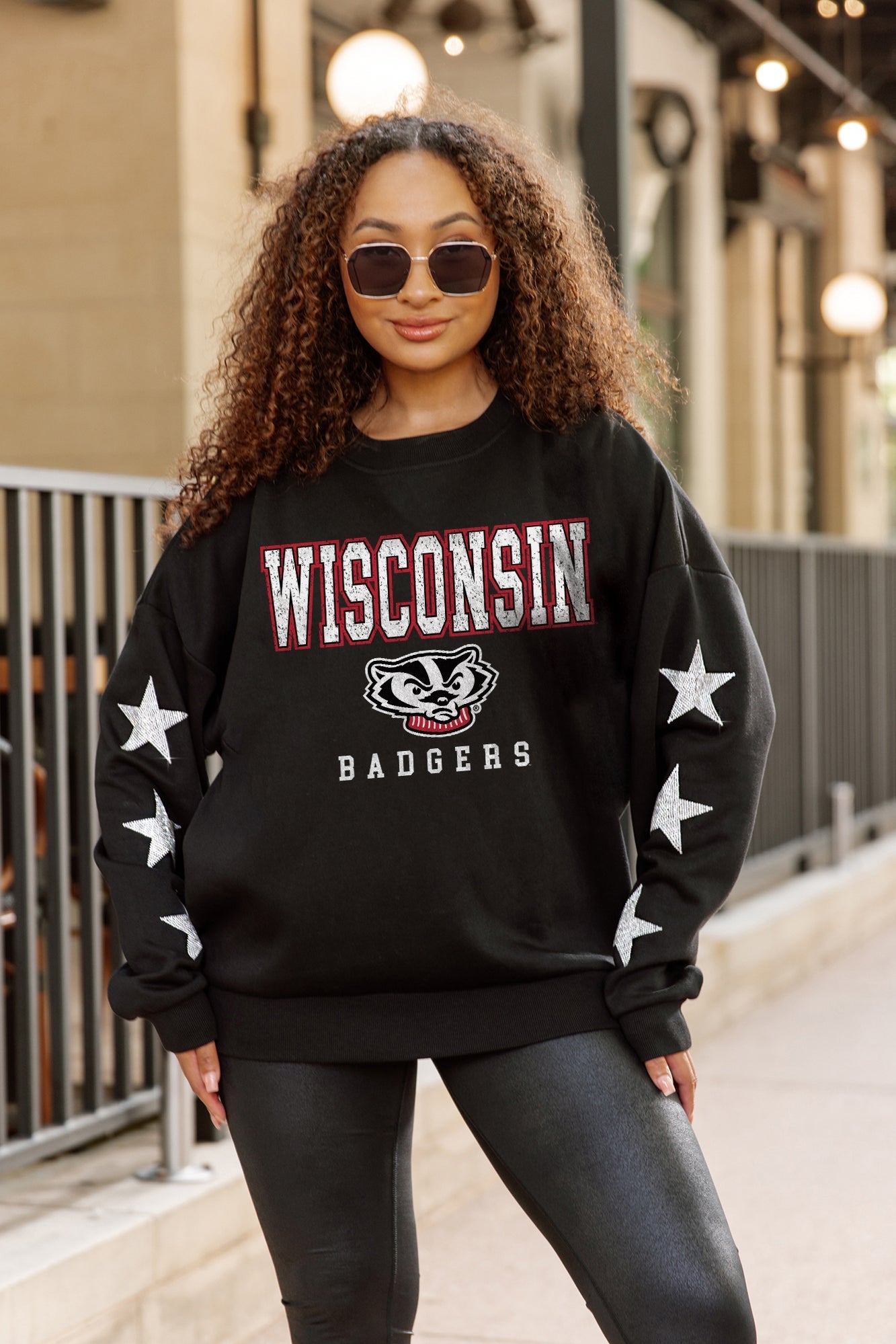 WISCONSIN BADGERS VELOCITY STAR EMBELLISHED CREW SWEATSHIRT