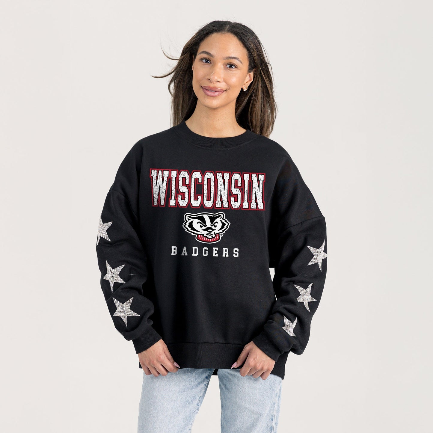 WISCONSIN BADGERS VELOCITY STAR EMBELLISHED CREW SWEATSHIRT