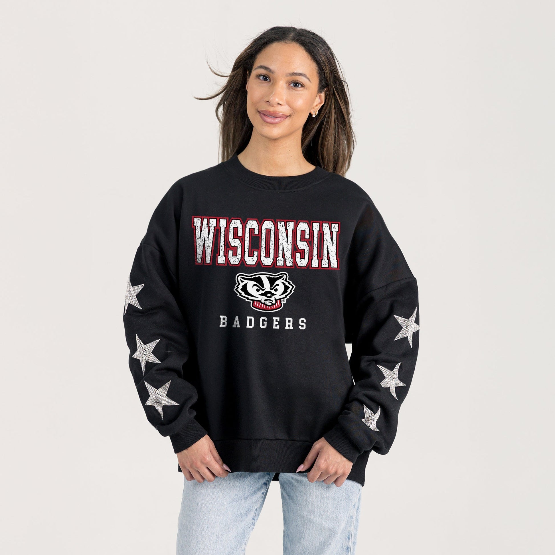 WISCONSIN BADGERS VELOCITY STAR EMBELLISHED CREW SWEATSHIRT