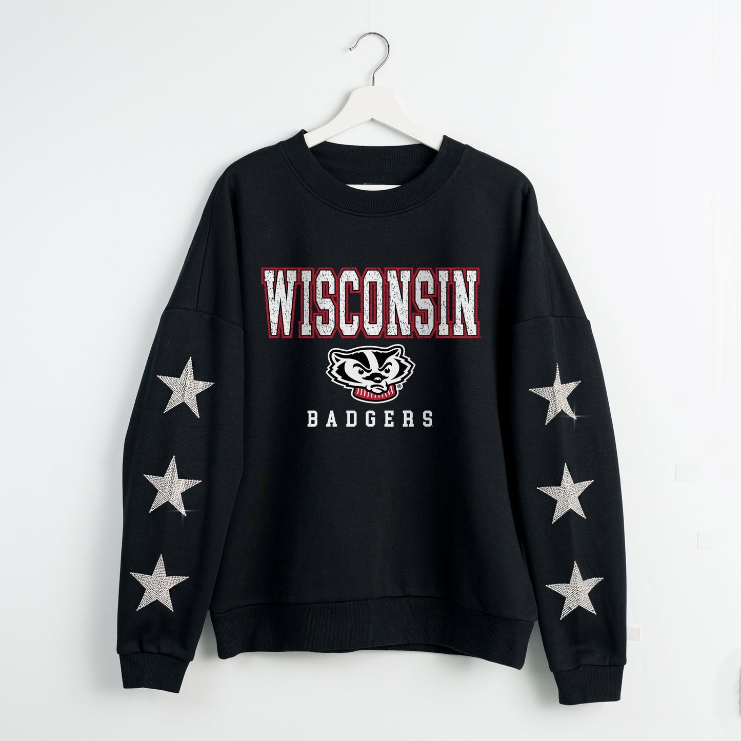 WISCONSIN BADGERS VELOCITY STAR EMBELLISHED CREW SWEATSHIRT