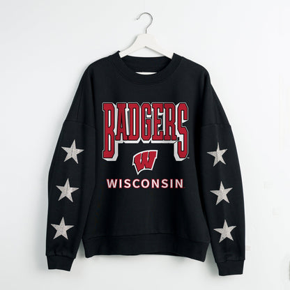 WISCONSIN BADGERS PURE VICTORY EMBELLISHED STAR SLEEVE CREWNECK PULLOVER
