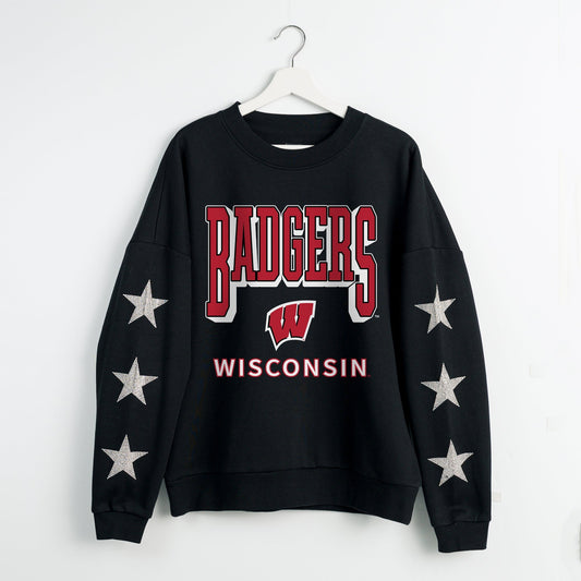 WISCONSIN BADGERS PURE VICTORY EMBELLISHED STAR SLEEVE CREWNECK PULLOVER