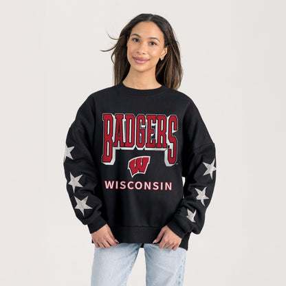 WISCONSIN BADGERS PURE VICTORY EMBELLISHED STAR SLEEVE CREWNECK PULLOVER