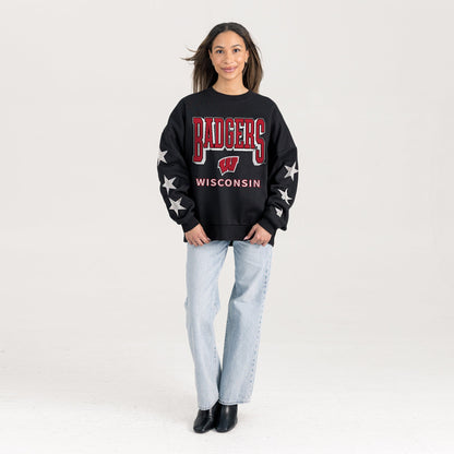 WISCONSIN BADGERS PURE VICTORY EMBELLISHED STAR SLEEVE CREWNECK PULLOVER