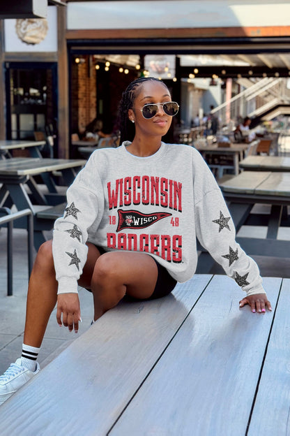 WISCONSIN BADGERS PENNANT PRIDE EMBELLISHED STAR SLEEVE CREWNECK PULLOVER