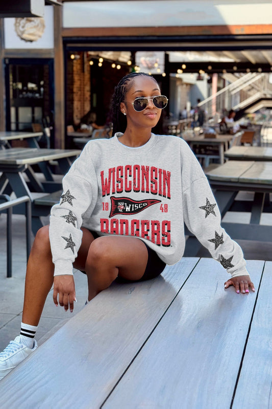 WISCONSIN BADGERS PENNANT PRIDE EMBELLISHED STAR SLEEVE CREWNECK PULLOVER
