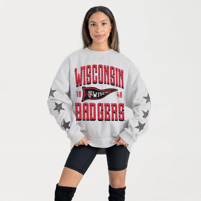 WISCONSIN BADGERS PENNANT PRIDE EMBELLISHED STAR SLEEVE CREWNECK PULLOVER