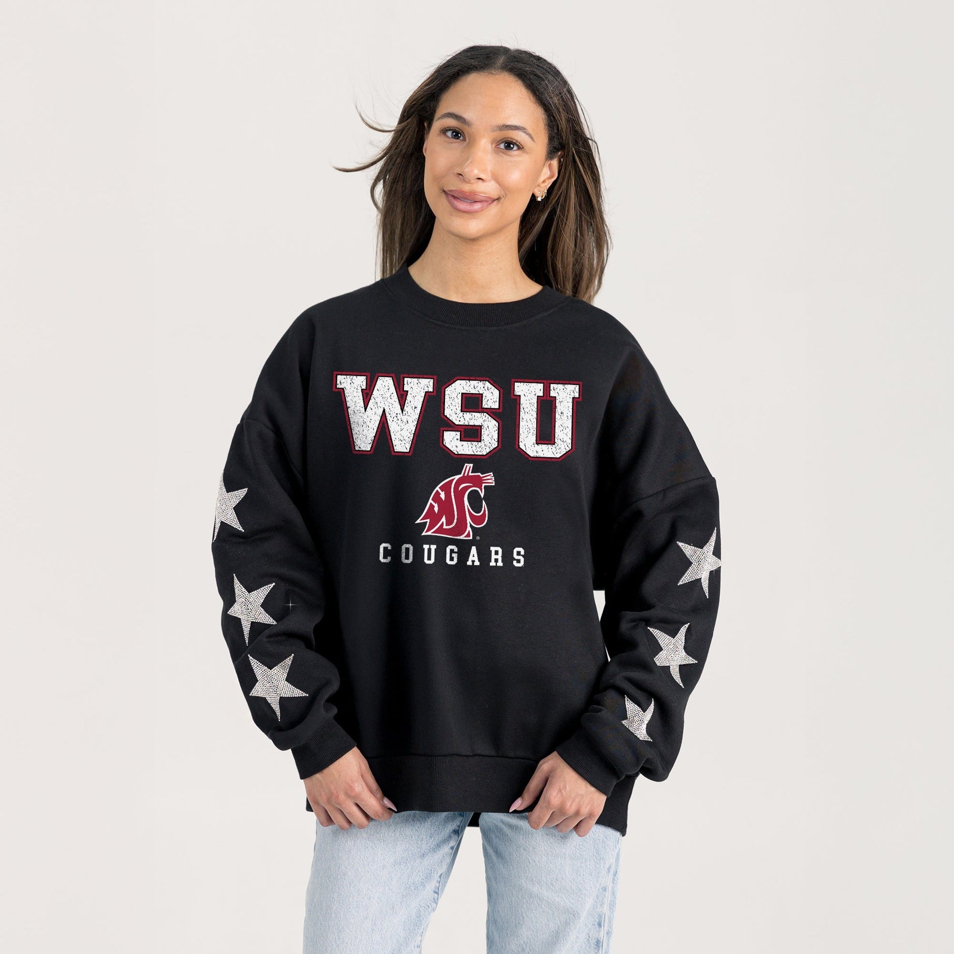 WASHINGTON STATE COUGARS VELOCITY STAR EMBELLISHED CREW SWEATSHIRT
