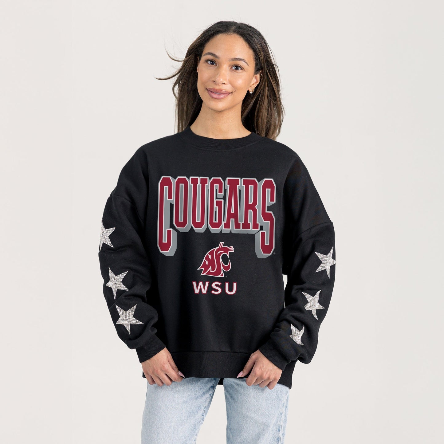 WASHINGTON STATE COUGARS PURE VICTORY EMBELLISHED STAR SLEEVE CREWNECK PULLOVER