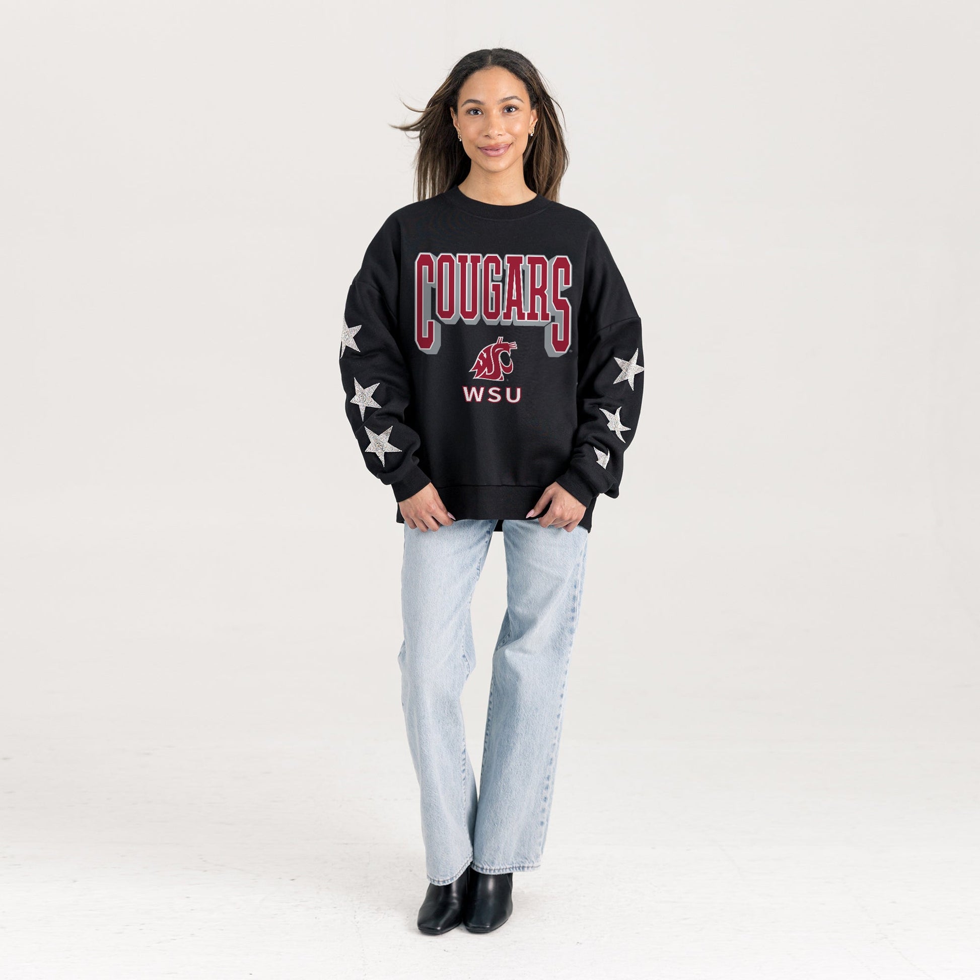 WASHINGTON STATE COUGARS PURE VICTORY EMBELLISHED STAR SLEEVE CREWNECK PULLOVER