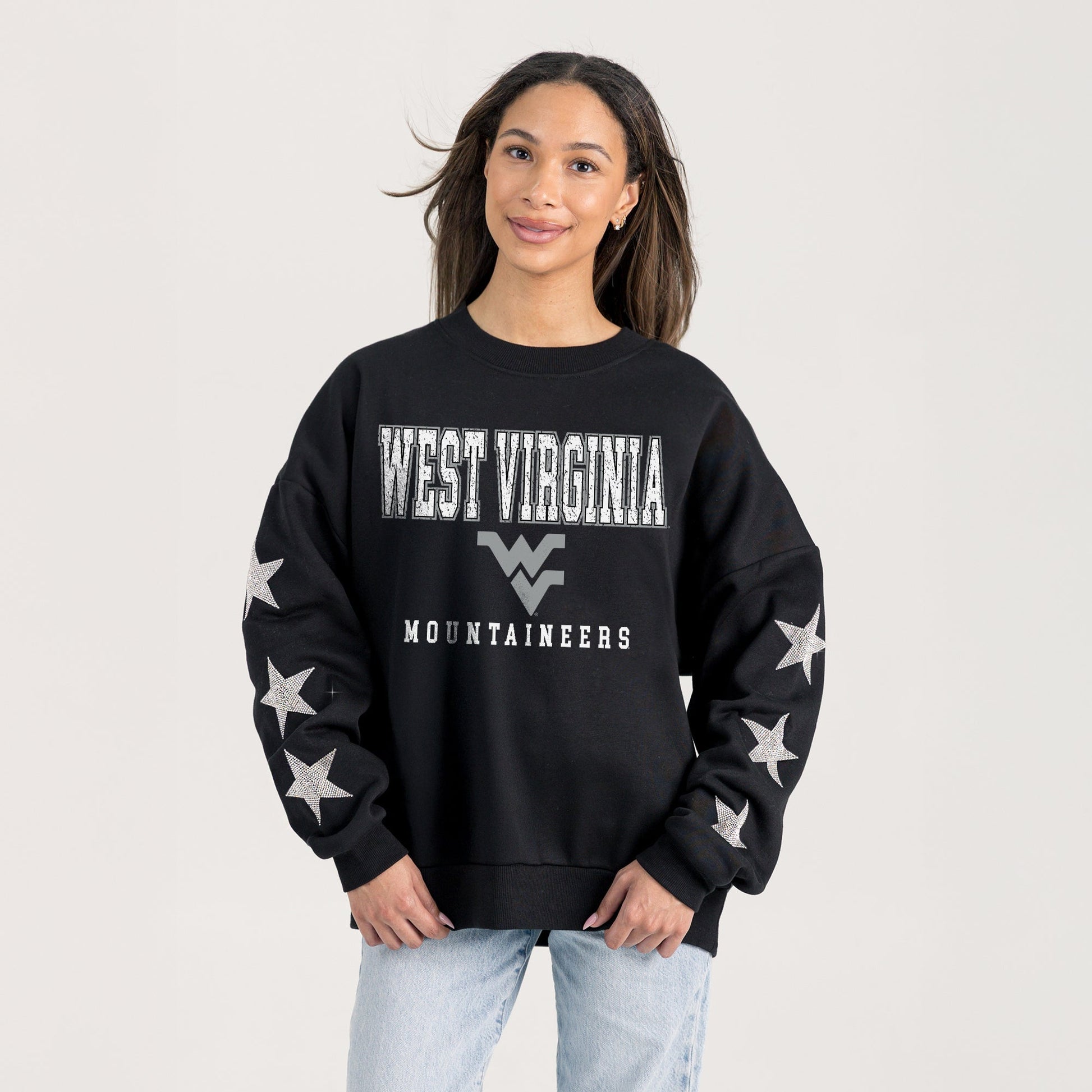 WEST VIRGINIA MOUNTAINEERS VELOCITY STAR EMBELLISHED CREW SWEATSHIRT