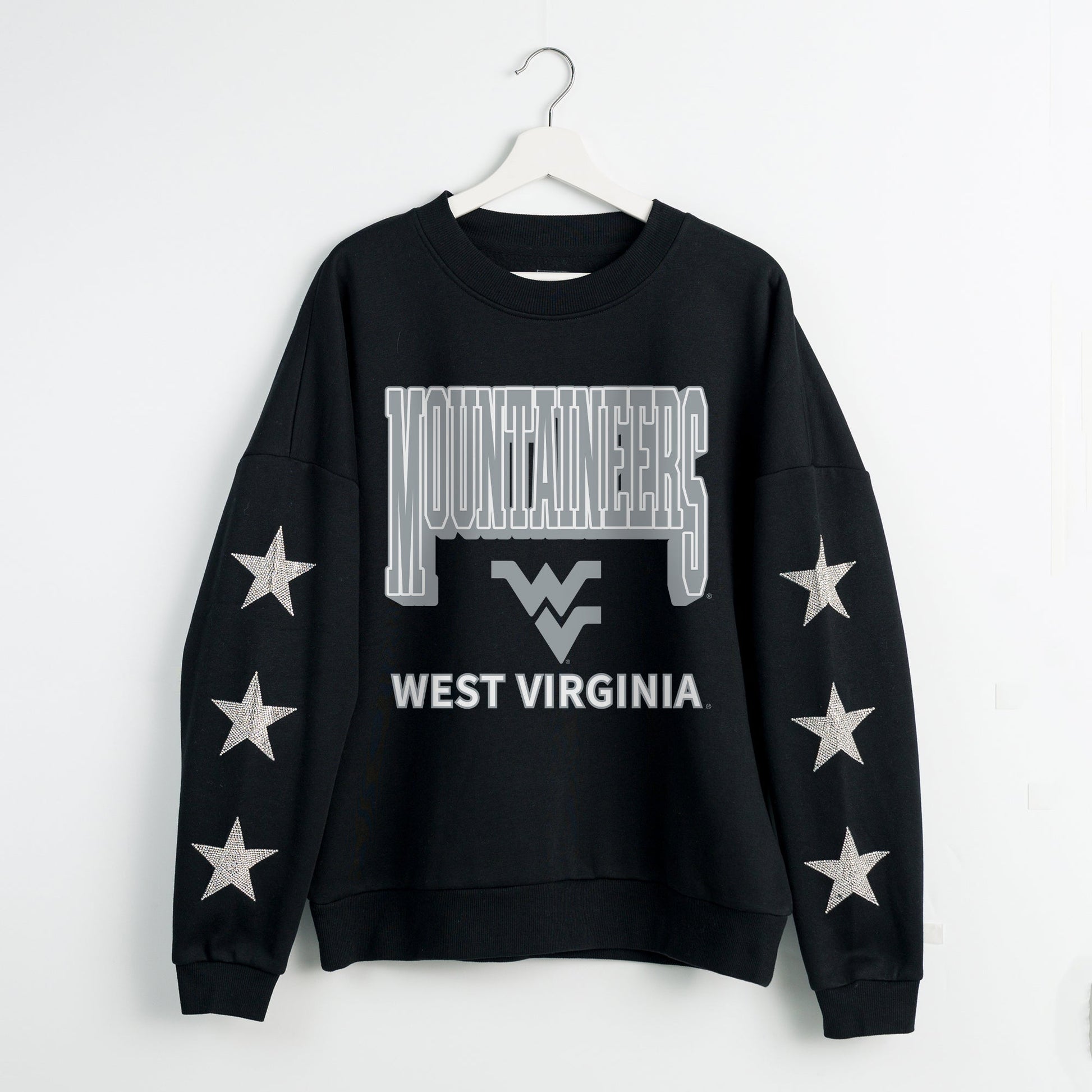 WEST VIRGINIA MOUNTAINEERS PURE VICTORY EMBELLISHED STAR SLEEVE CREWNECK PULLOVER