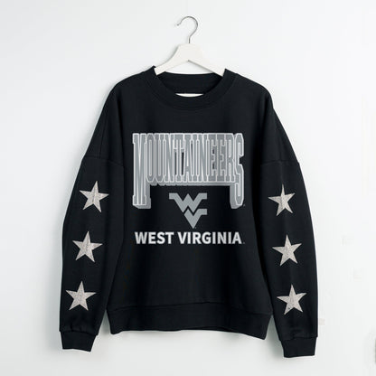 WEST VIRGINIA MOUNTAINEERS PURE VICTORY EMBELLISHED STAR SLEEVE CREWNECK PULLOVER