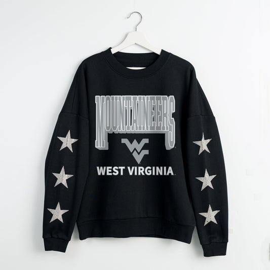 WEST VIRGINIA MOUNTAINEERS PURE VICTORY EMBELLISHED STAR SLEEVE CREWNECK PULLOVER