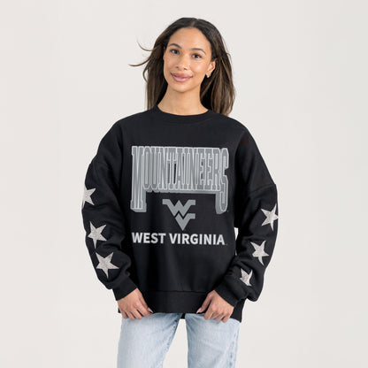 WEST VIRGINIA MOUNTAINEERS PURE VICTORY EMBELLISHED STAR SLEEVE CREWNECK PULLOVER
