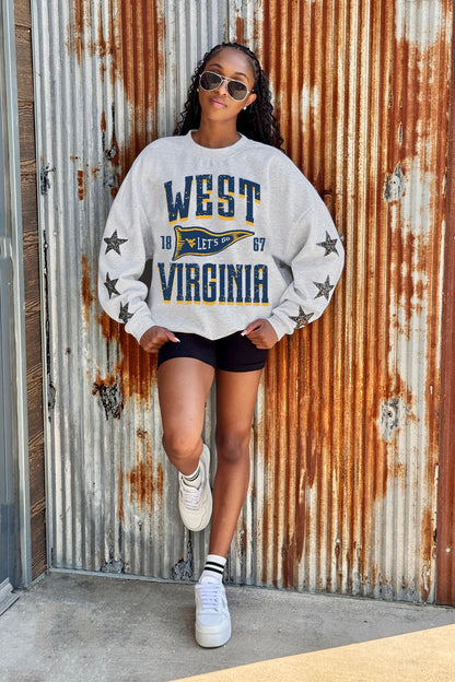 WEST VIRGINIA MOUNTAINEERS PENNANT PRIDE EMBELLISHED STAR SLEEVE CREWNECK PULLOVER
