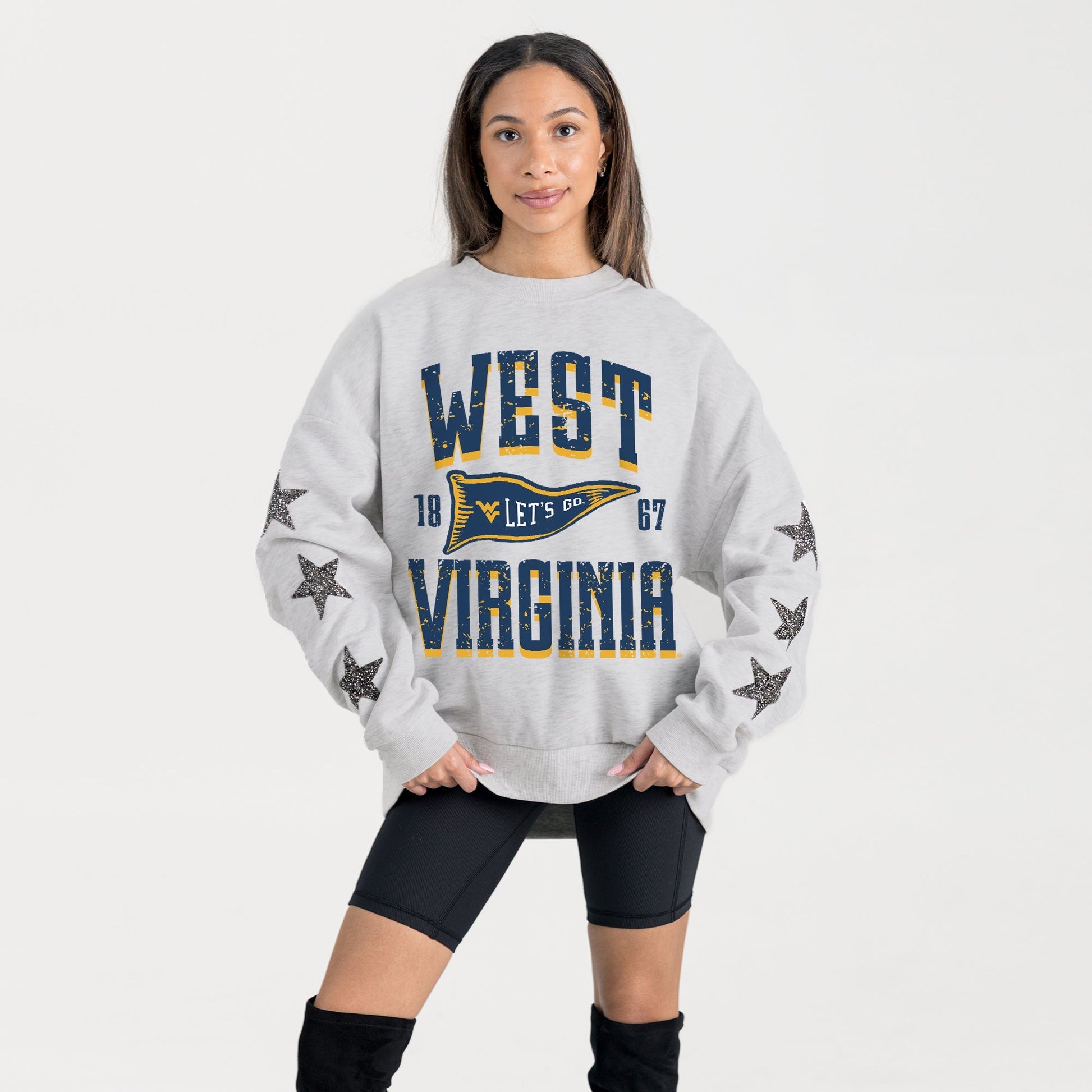 WEST VIRGINIA MOUNTAINEERS PENNANT PRIDE EMBELLISHED STAR SLEEVE CREWNECK PULLOVER