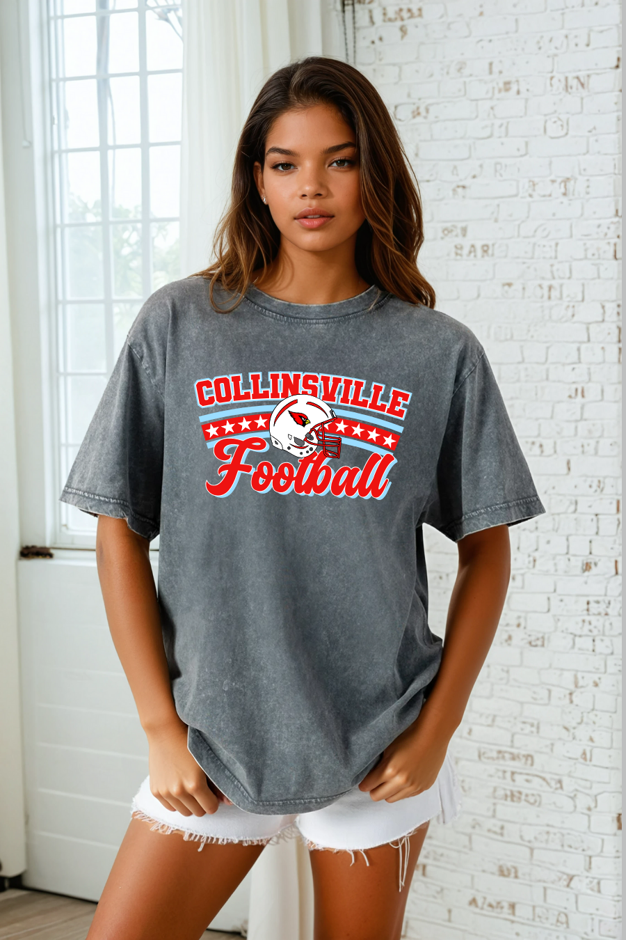 COLLINSVILLE CARDINALS FOOTBALL VINTAGE WASH BOYFRIEND TEE