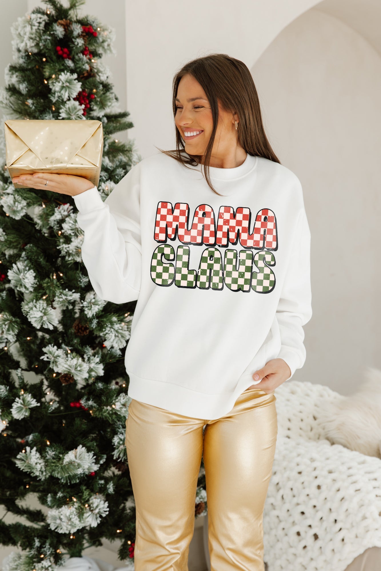 CHECKERED MAMA CLAUS DROP SHOULDER CREWNECK SWEATSHIRT