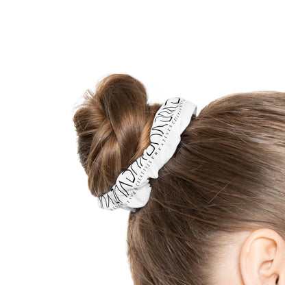 Minimal Black Script Scrunchie — Handwritten Word Pattern Hair Tie