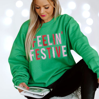 Christmas Holiday Sequin Embellished FEELIN FESTIVE Sweatshirt in Kelly Green