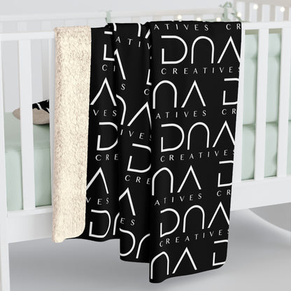 Sherpa Fleece Blanket — Black Repeat "DNA Creatives" Logo Cozy Throw