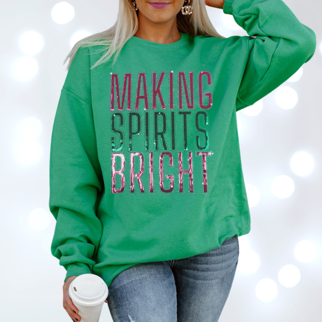 Christmas Holiday Sequin Embellished Making Spirits Bright Sweatshirt in Kelly Green