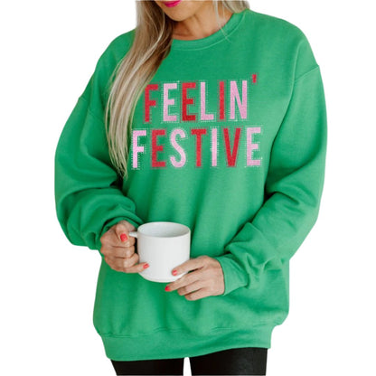 Christmas Holiday Sequin Embellished FEELIN FESTIVE Sweatshirt in Kelly Green