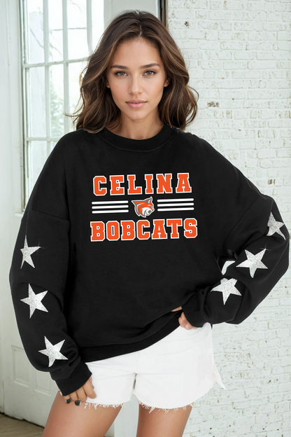 CELINA BOBCATS EMBELLISHED STAR SLEEVE CREWNECK SWEATSHIRT