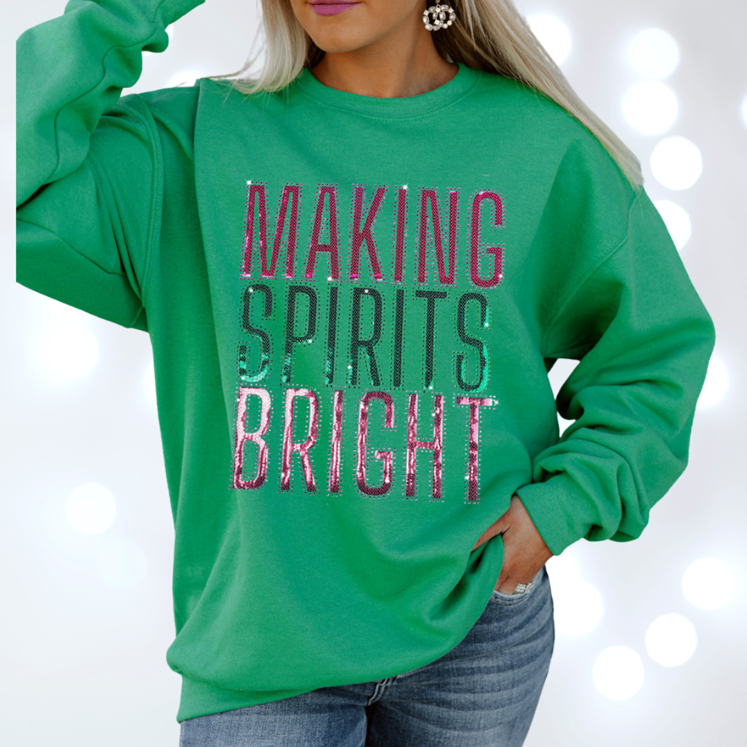 Christmas Holiday Sequin Embellished Making Spirits Bright Sweatshirt in Kelly Green