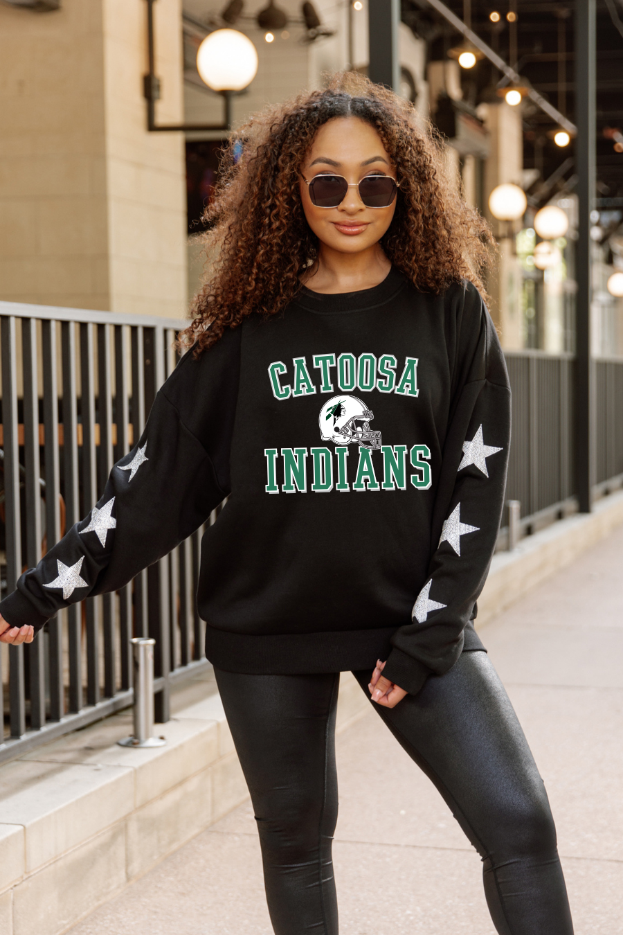 CATOOSA INDIANS FOOTBALL EMBELLISHED STAR SLEEVE CREWNECK SWEATSHIRT