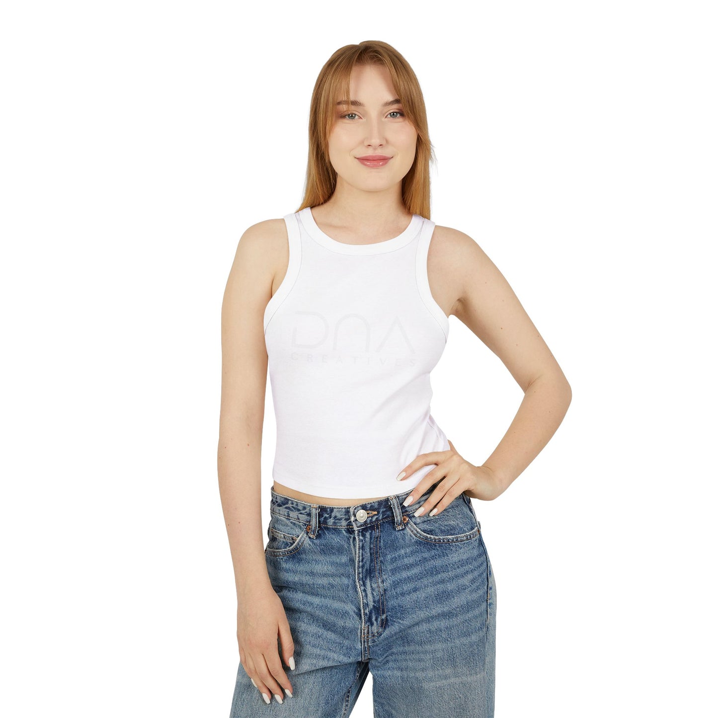 Ribbed Racer Tank Top — Women's Cropped White Micro-Rib Casual Tank