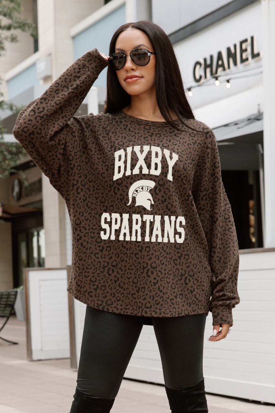 BIXBY SPARTANS LEOPARD CORDED PULLOVER