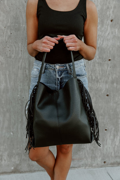 Black Vegan Leather Fringe Tote - On Model Front View | Gameday Couture - SOHO