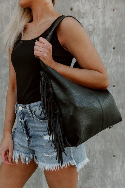 Black Vegan Leather Fringe Tote - On Model Shoulder View | Gameday Couture - SOHO