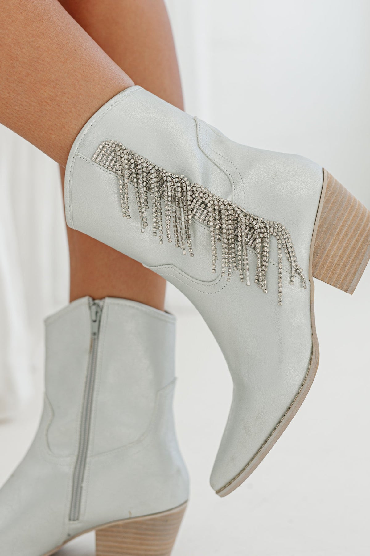 Silver Suede Crystal Fringe Booties - Close-Up Side Detail of Rhinestone Fringe | Gameday Couture - SOHO